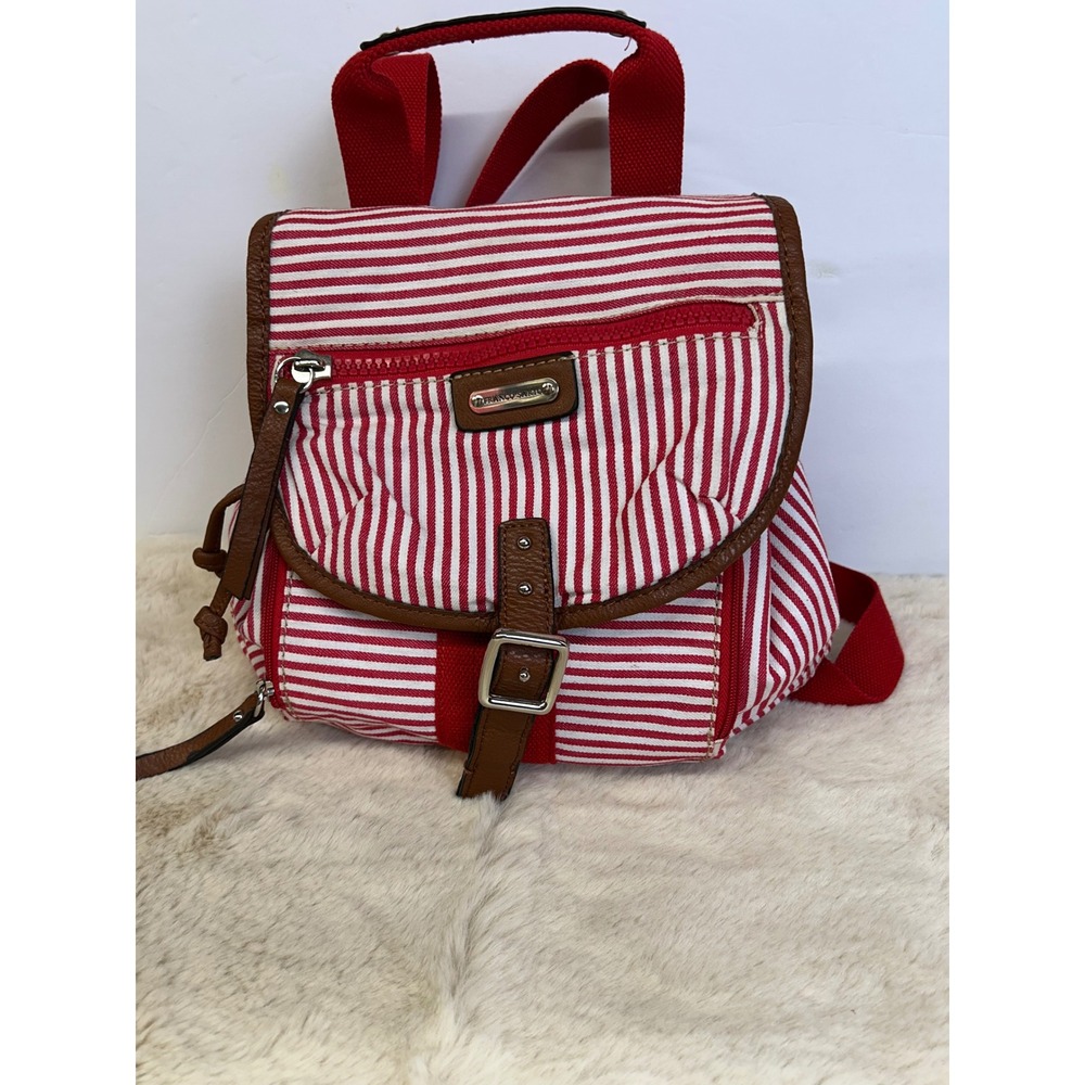 Franco Sarto Red White Striped Canvas Backpack Brown Trim Nautical Preppy